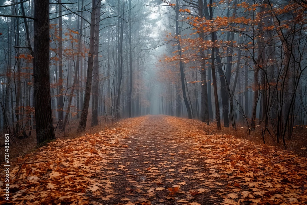 Cozy autumn forest path with fallen leaves and misty morning