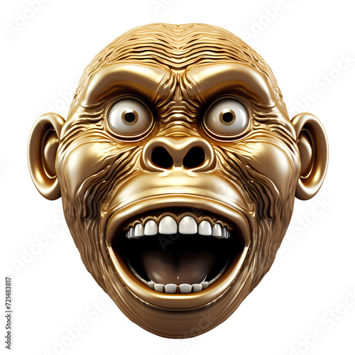 3d highly polished golden Monkey face emoji or icon on removable background 