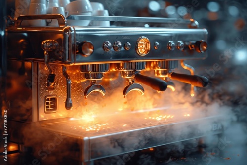 Amidst the swirling smoke and flickering flames, a sleek machine hums with the promise of rich, aromatic espresso