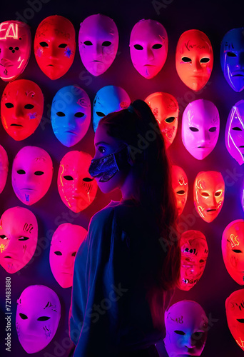 hypocritical, two-faced girl in a mask stands against the background of masks with different faces, generative AI photo