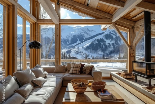 Cozy mountain chalet with panoramic windows and snowy peaks © Bijac