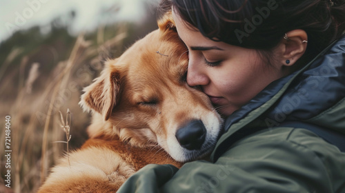 Fototapeta Naklejka Na Ścianę i Meble -  A heartwarming image of a pet cuddled with its owner, showcasing the unconditional love and companionship between humans and animals