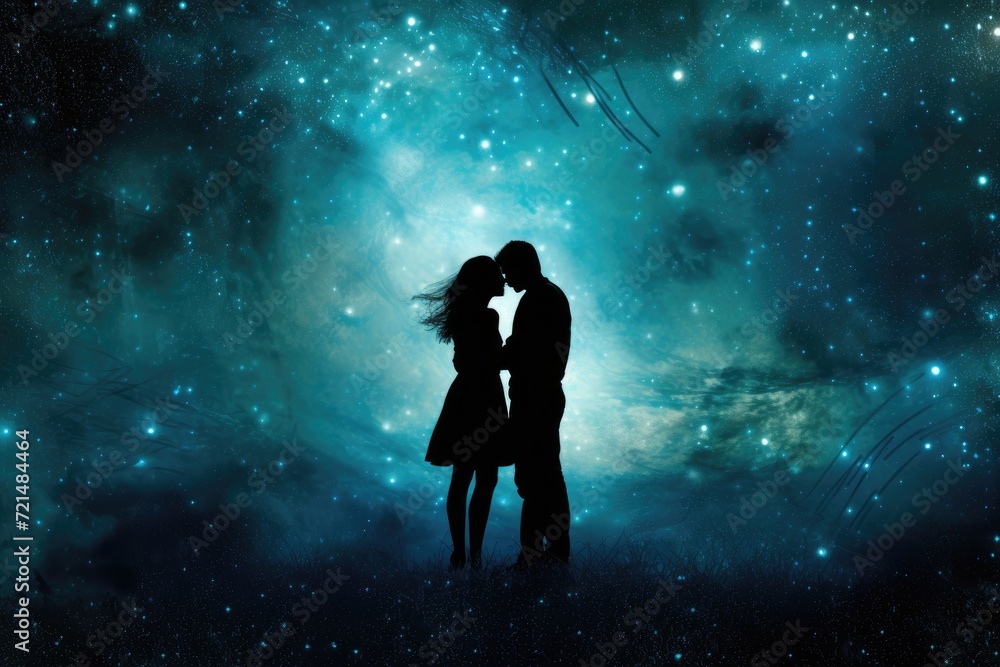 A couple romantically kisses while standing together in front of a night sky filled with stars.