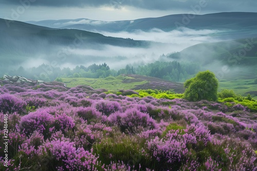 Enigmatic foggy moor with heather blooms and rolling hills