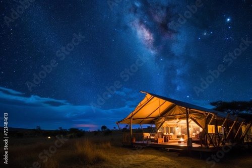 Exotic safari camp with luxury tents and starlit skies