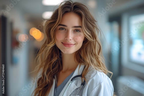 A stunning young woman with a bright smile and long, layered brown hair poses for a fashion photoshoot, her feathered blond hair falling delicately around her face as she leans against an indoor wall