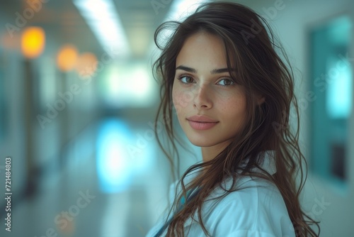 A striking lady  with her layered brown locks framing her human face  gazes confidently into the camera during an intimate indoor photo shoot  her arched eyebrow and full lips adding depth to the por