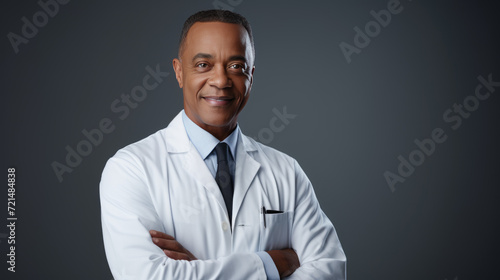 Smiling doctor wearing a white lab coat with a stethoscope around his neck, standing confidently against a colored background.