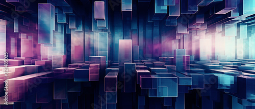 Dynamic geometric shapes in ultraviolet style. Metallic rectangles, cinema4d rendering, jagged edges, gradient blends. Cityscape abstraction with musical color fields