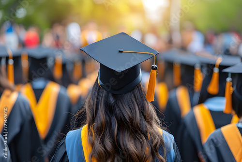 Rear view of university graduates wearing graduation gown and cap.