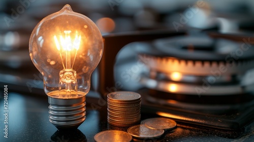 Light bulb on next to lit gas cooker, with coins next to it. Energy and gas costs, cost increases