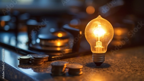 Light bulb on next to lit gas cooker, with coins next to it. Energy and gas costs, cost increases photo