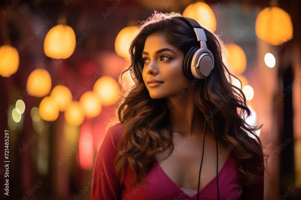 A woman wearing headphones stands in front of a vibrant display of lights.
