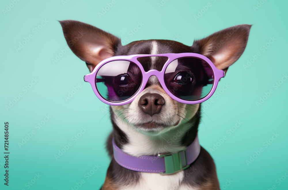 Chihuahua wearing purple glasses