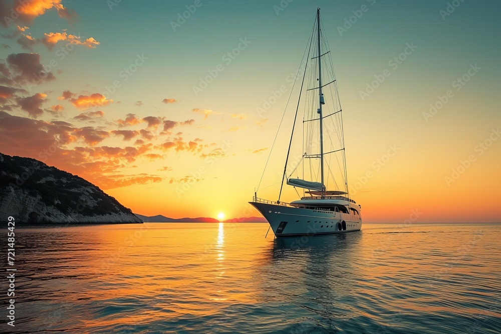 Luxurious yacht sailing on pristine waters at golden hour