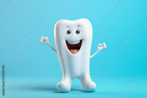 Cartoon character of cute human tooth on light blue background.
