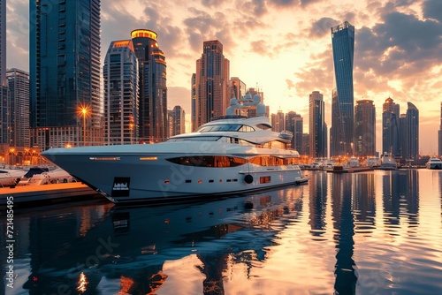 Luxury superyacht marina at sunset with glowing cityscape photo
