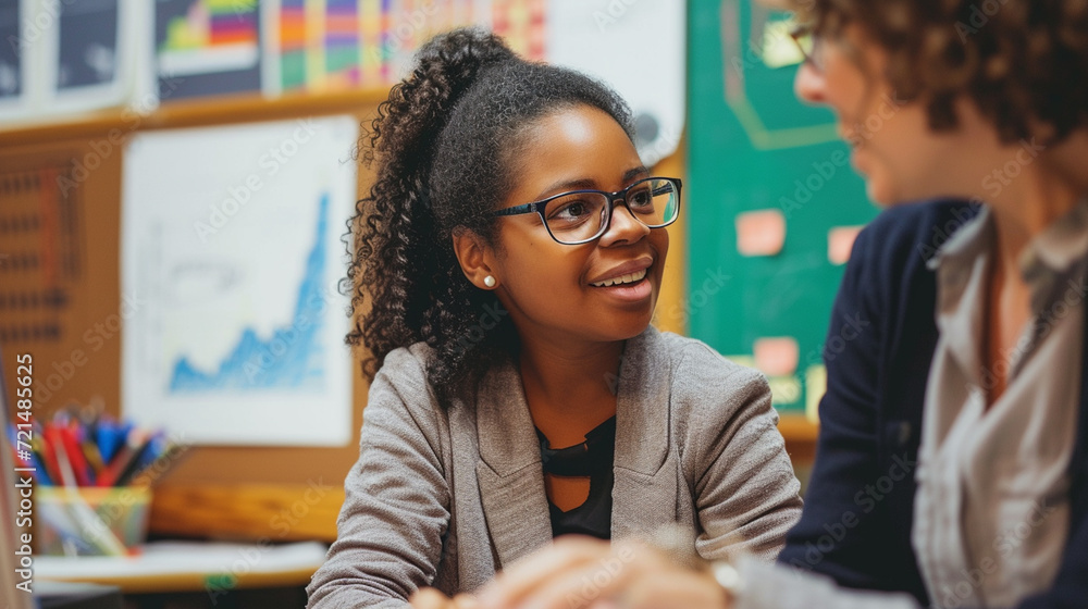 Educational Achievement Recognition, Photograph a teacher congratulating a student on their progress, with a chart or graph showing improvement. Educational Achievement Recognition, Photograph a teacher congratulating a student on their progress, with a chart or graph showing improvement.