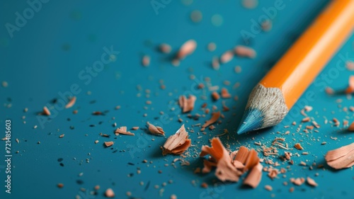 Close-up of a sharpened orange pencil with shavings on a teal background photo