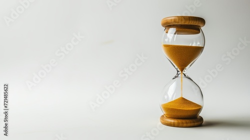 Time concept with sand flowing in a wooden hourglass photo