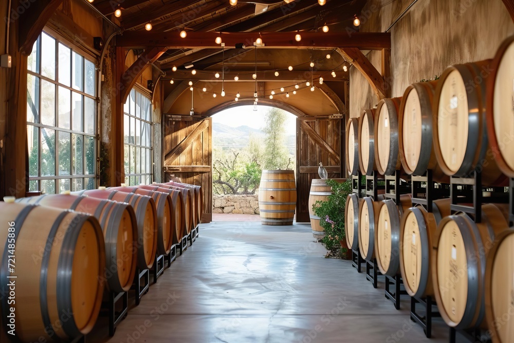 Rustic winery barn with oak barrels and tasting flights