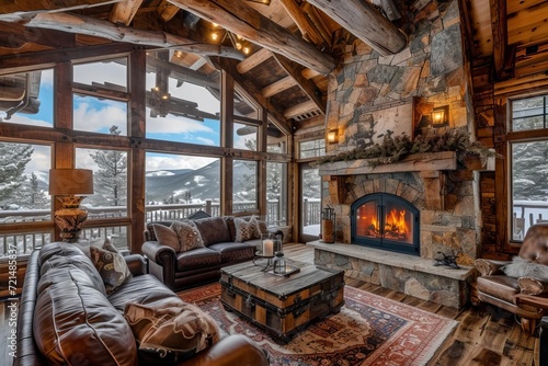 Rustic mountain lodge with crackling fireplace and snowy views