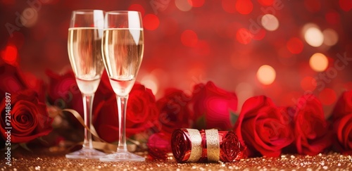 Two glasses of champagne sitting on a table with beautiful red roses arranged in the background.