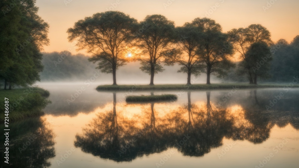 Fototapeta premium Three trees alined straight line with reflection of the trees on a lake at the sunrise