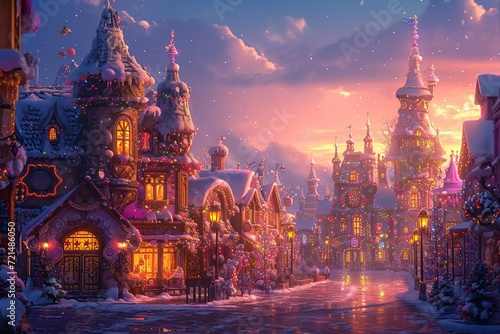 Magical kingdom at dusk, buildings of candy and the streets are paved with gold