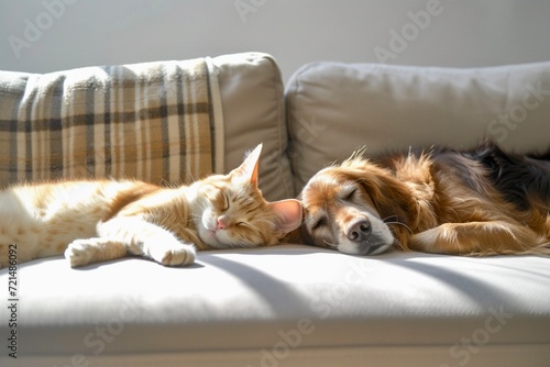 a cat and a dog sleep on a sofa in a bright room in a minimalist style