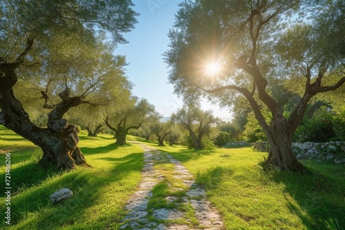 Sun-drenched olive grove with ancient trees and rustic stone paths