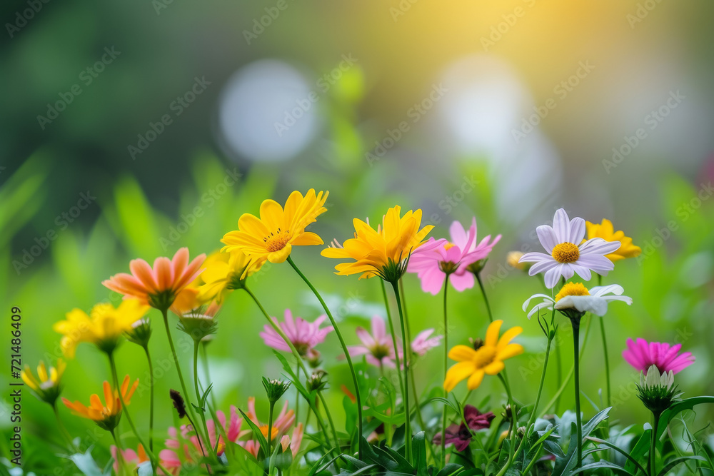 Obraz premium Blooming meadow or spring meadow with wildflowers. Backdrop with selective focus and copy space