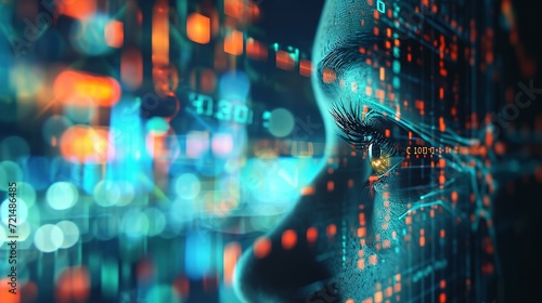 Cyber security and data protection concept. Female eye with binary code and blurry city lights, Cyber security and data protection concept with woman face and binary code photo