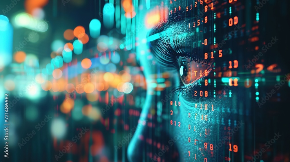 Cyber security and data protection concept. Female eye with binary code and blurry city lights, Cyber security and data protection concept with woman face and binary code Cyber security and data protection concept. Female eye with binary code and blurry city lights, Cyber security and data protection concept with woman face and binary code