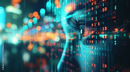 Cyber security and data protection concept. Female eye with binary code and blurry city lights, Cyber security and data protection concept with woman face and binary code
