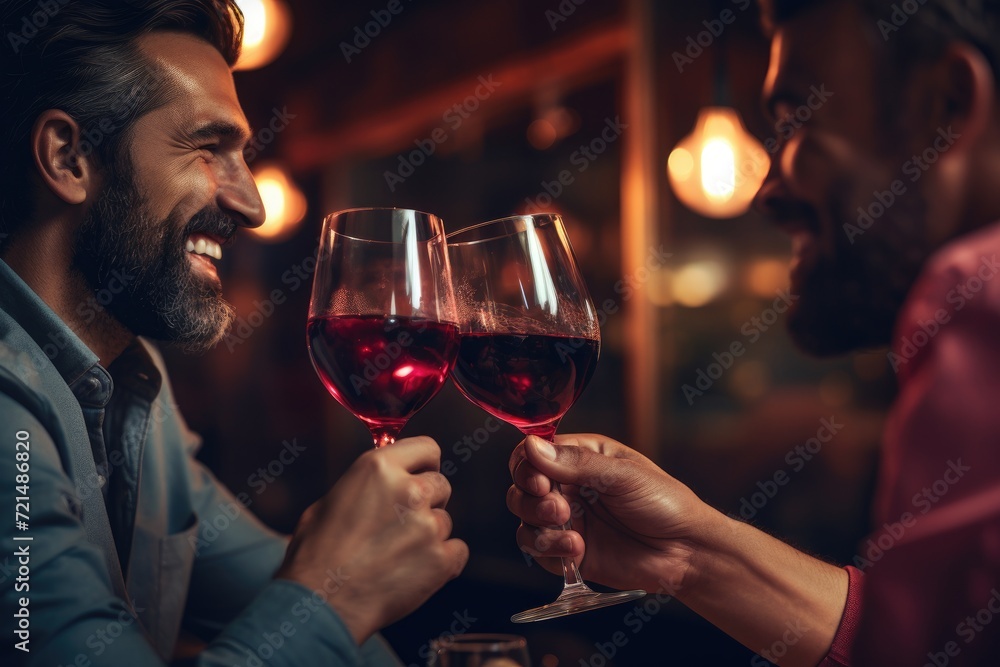 A group of individuals enthusiastically hold wine glasses while engaging in conversation at a social gathering.