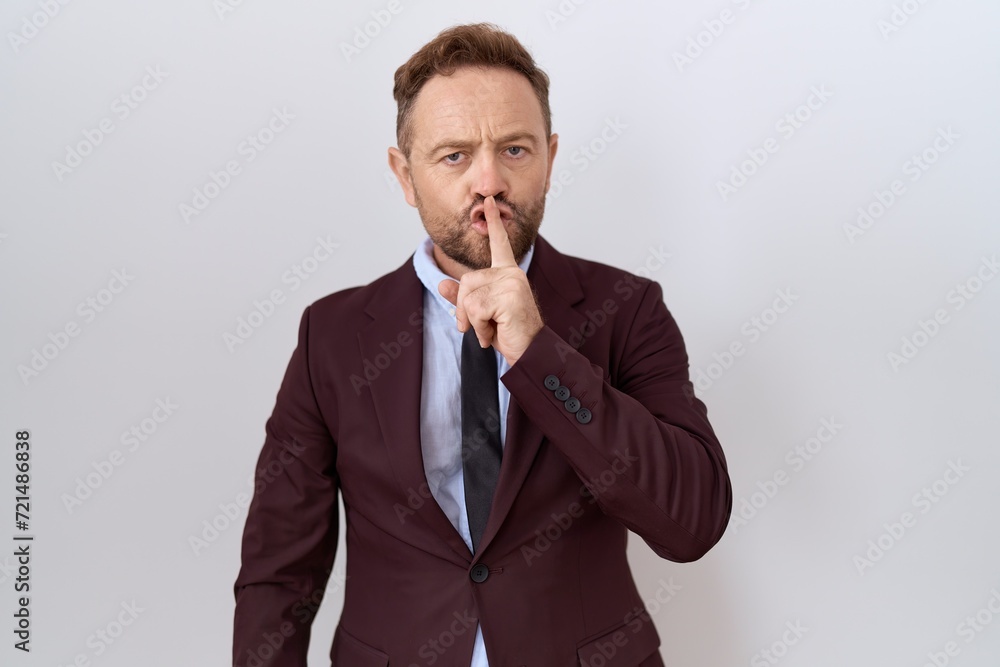 Middle age business man with beard wearing suit and tie asking to be quiet with finger on lips. silence and secret concept. Middle age business man with beard wearing suit and tie asking to be quiet with finger on lips. silence and secret concept.