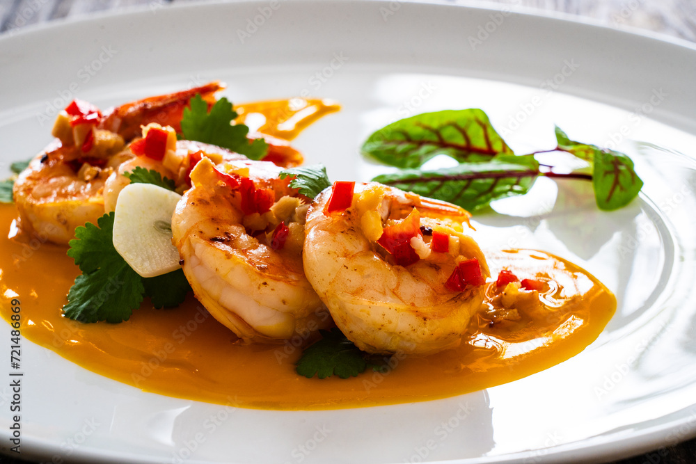 Shrimps salad with ginger and chili in mango sauce on wooden table
Shrimps salad with ginger and chili in mango sauce on wooden table