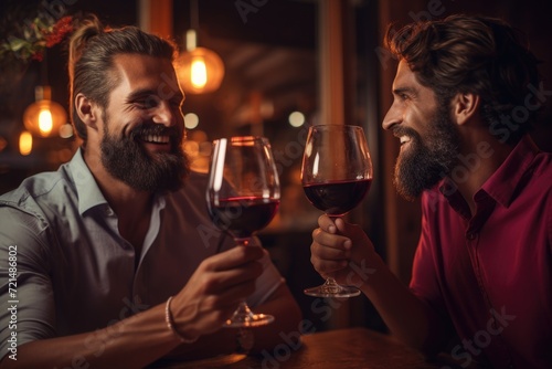 Two men are seated at a table, engaged in conversation and enjoying glasses of wine.