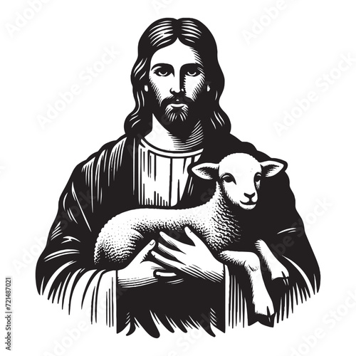 Jesus holding a lamb. Engraving vintage vector illustration. Isolated object
