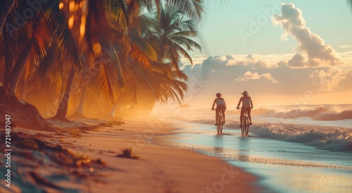 As the sun sets over the tropical shore, two riders pedal along the beach, surrounded by palm trees and the calming sound of crashing waves