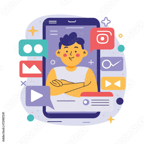 2d vector illustration colorful social media boost , influence blogger E-marketer via Internet pages marketing referral