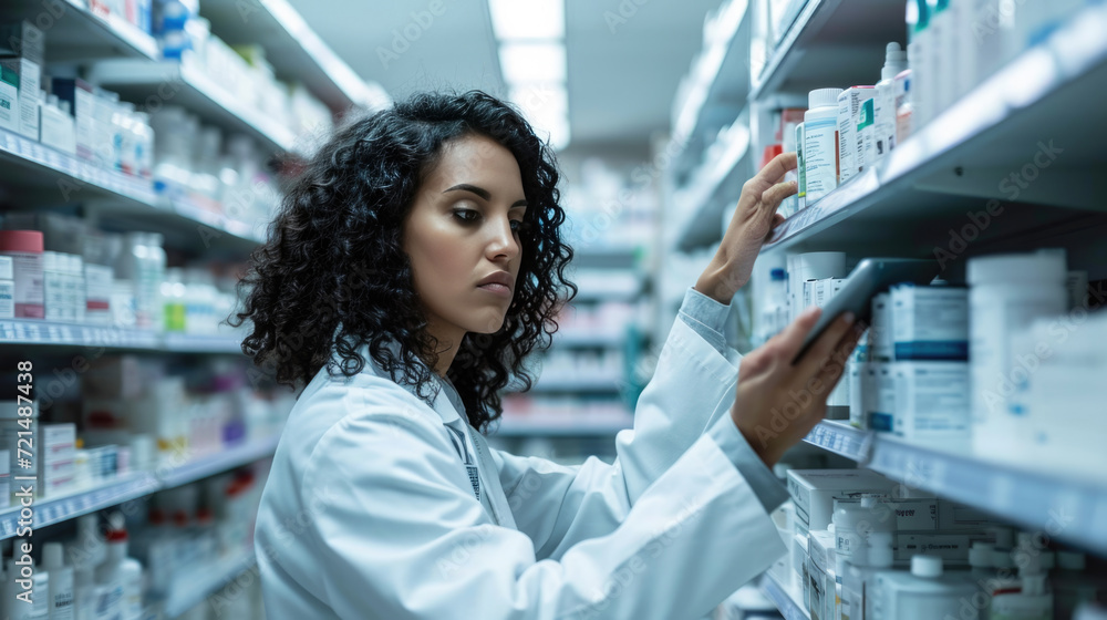Female pharmacist or healthcare professional taking inventory or reviewing a clipboard in a pharmacy with shelves stocked with various medications. Female pharmacist or healthcare professional taking inventory or reviewing a clipboard in a pharmacy with shelves stocked with various medications.