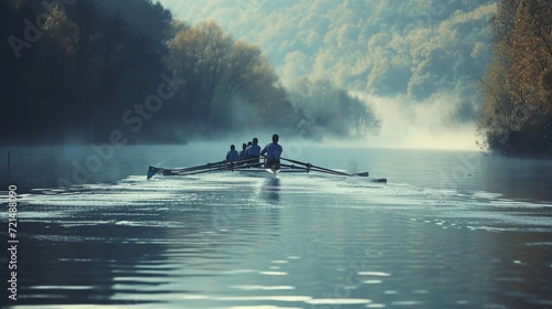 A rowing team glides in perfect unison through the calm waters of a mist-shrouded river.