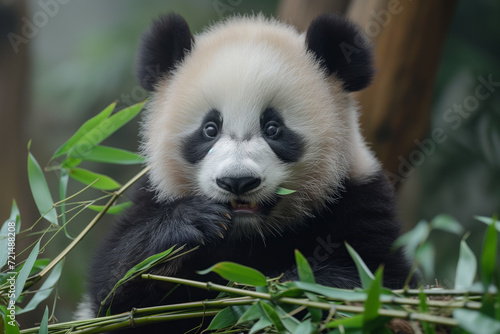 little baby panda eating bamboo fronds