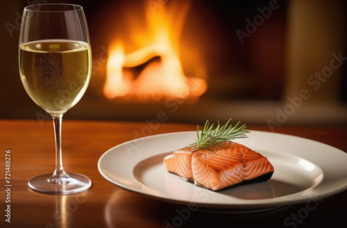 Glass of white wine and red fish steak on white plate, beautiful serving, evening light in the restaurant, space for text