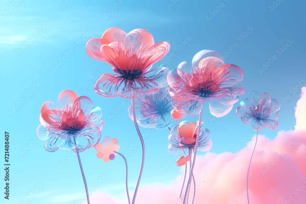 Futuristic floral composition with beautiful glass flowers on a blue sky background