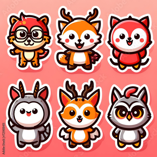 Set of cute animalsit poses cartoon on white background.Animals character design.Image for card,poster,sticker,baby clothing.Jurassic.Kawaii.Vector.Illustration.