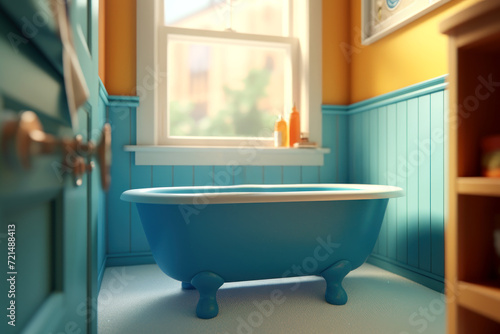 3d illustration with cozy cute bathroom interior. Stylish blue bathtub and cosmetics on windowsill. Generated by AI.