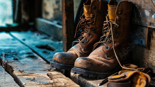 A pair of well-worn work boots in a rustic, weathered workshop